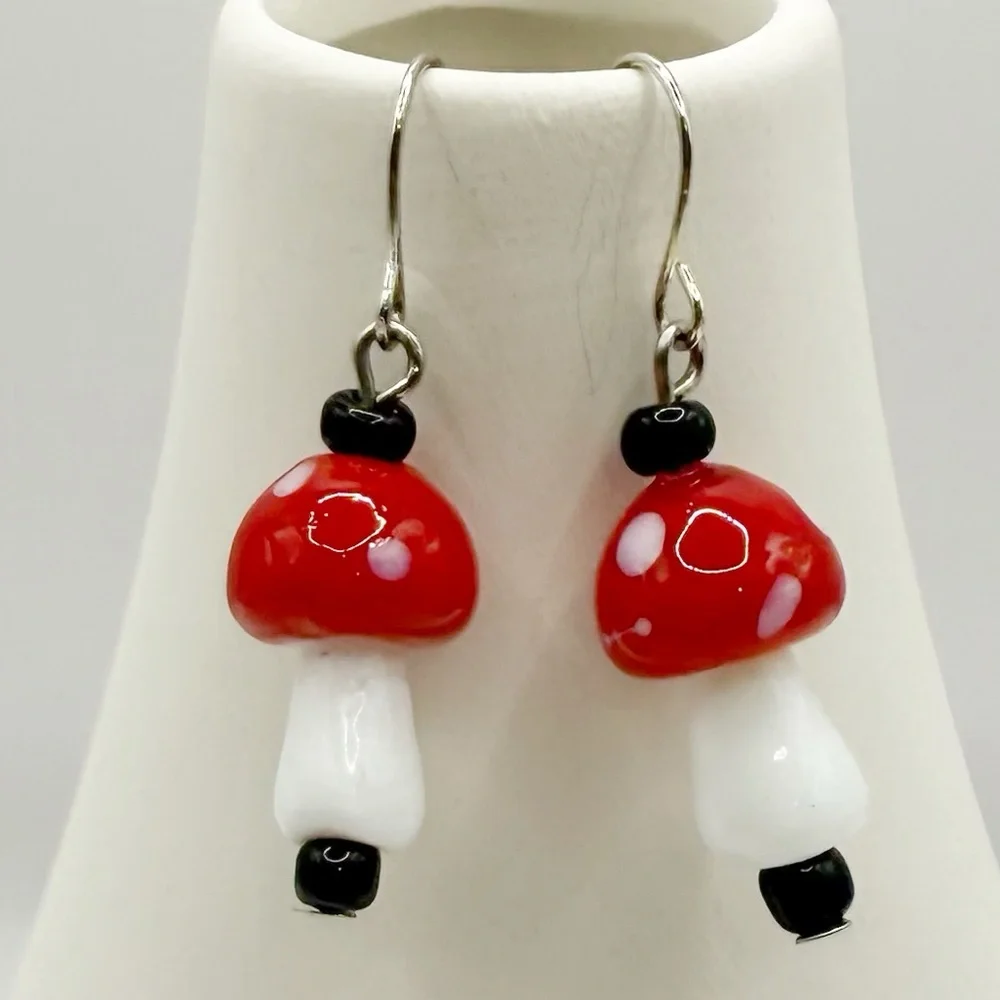 Handmade Red Mushroom Dangle Earrings Cottagecore Fairy